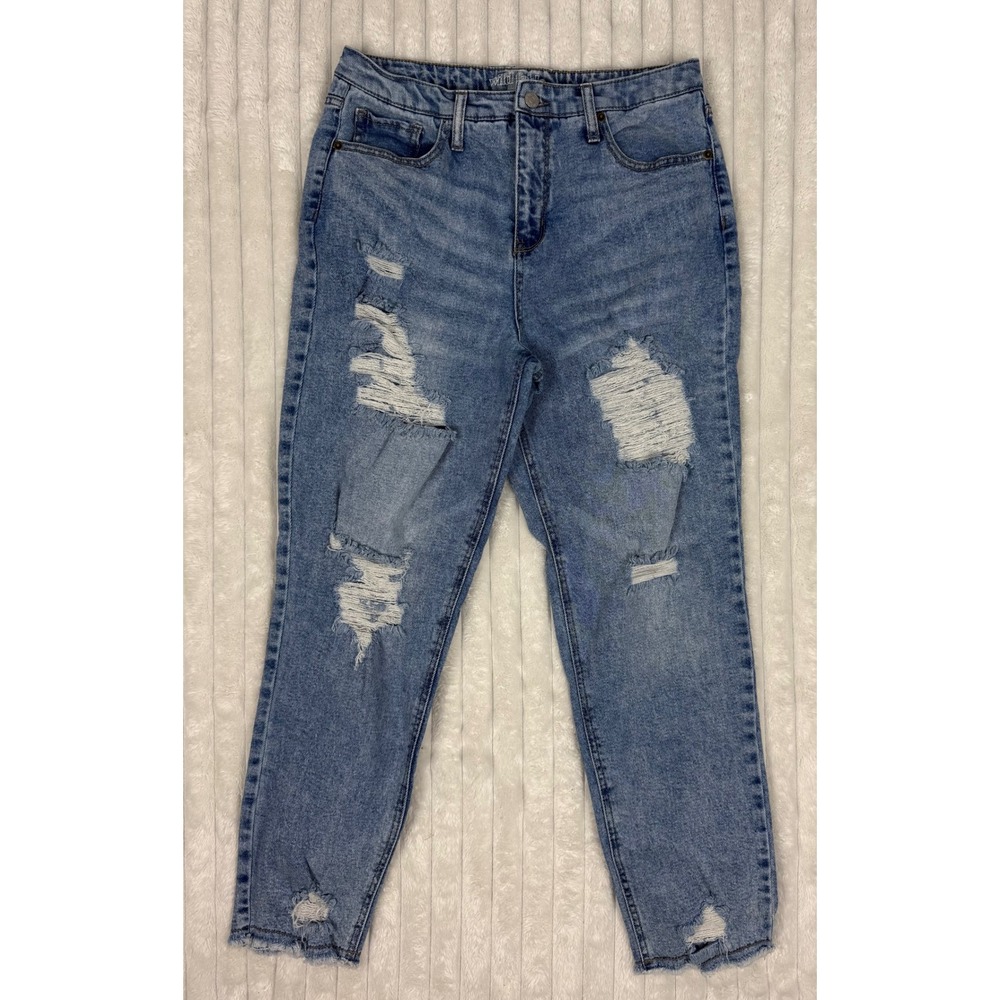 Wild Fable High Rise Mom Jeans Blue Distressed Ripped Raw Hem Size 10
